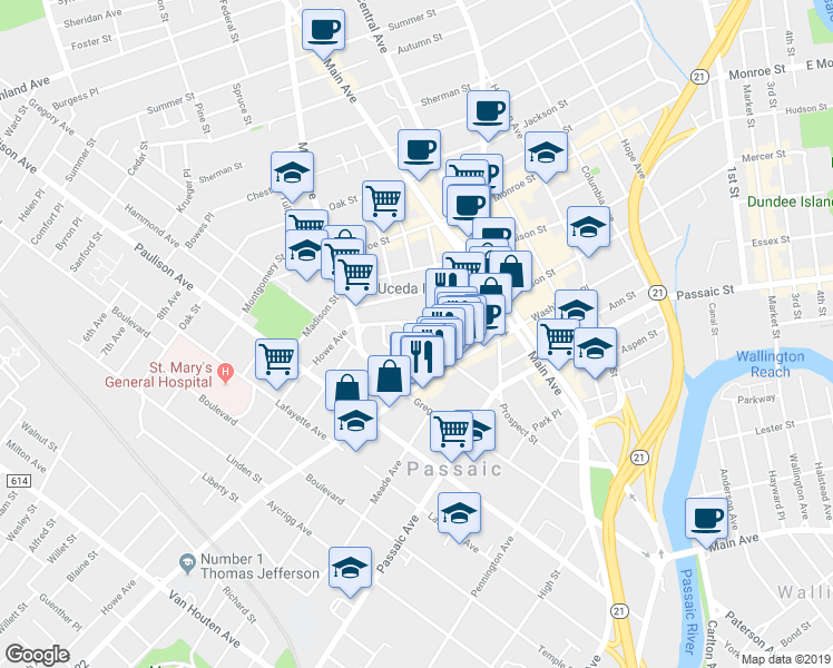 map of restaurants, bars, coffee shops, grocery stores, and more near in Passaic