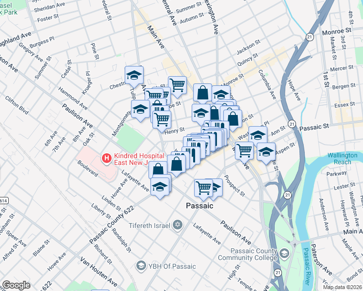 map of restaurants, bars, coffee shops, grocery stores, and more near in Passaic