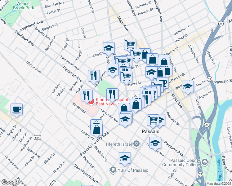 map of restaurants, bars, coffee shops, grocery stores, and more near 34 Lincoln Street in Passaic