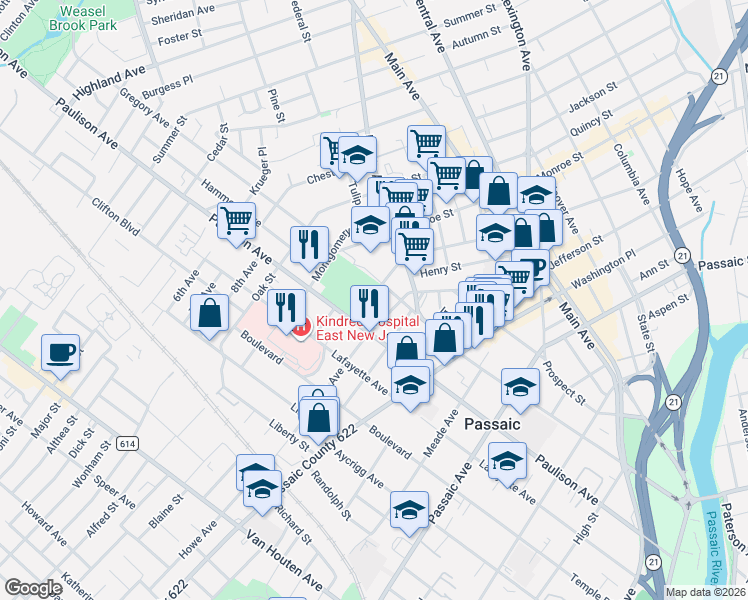 map of restaurants, bars, coffee shops, grocery stores, and more near in Passaic