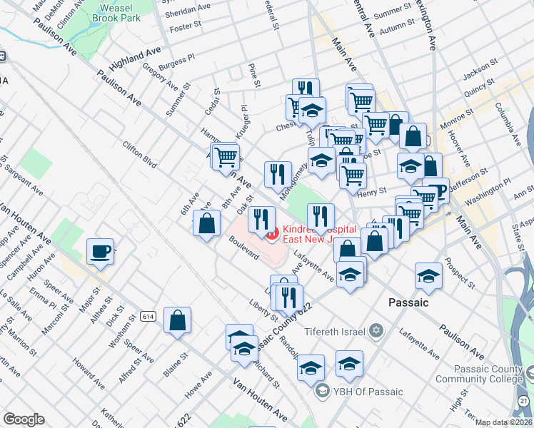 map of restaurants, bars, coffee shops, grocery stores, and more near 430 Lafayette Avenue in Passaic