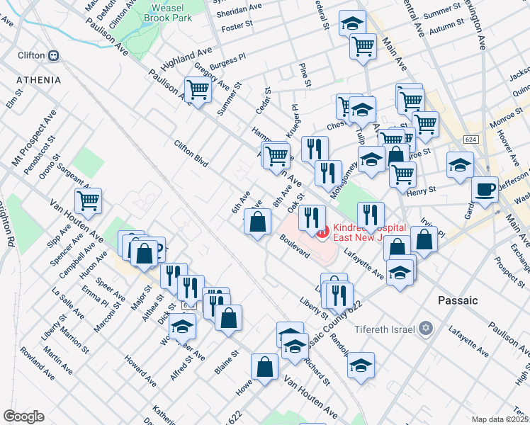 map of restaurants, bars, coffee shops, grocery stores, and more near 63 8th Avenue in Passaic