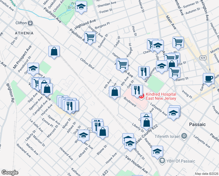 map of restaurants, bars, coffee shops, grocery stores, and more near 51 7th Avenue in Passaic