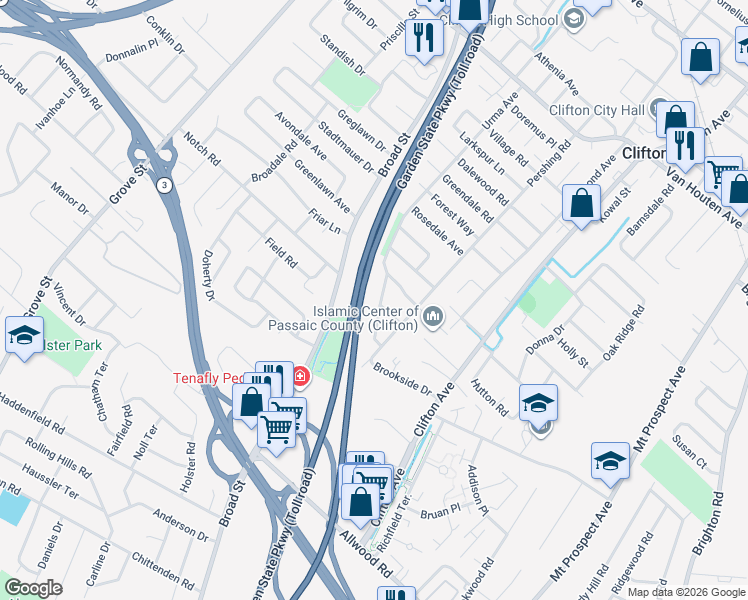 map of restaurants, bars, coffee shops, grocery stores, and more near 5 Dwight Terrace in Clifton