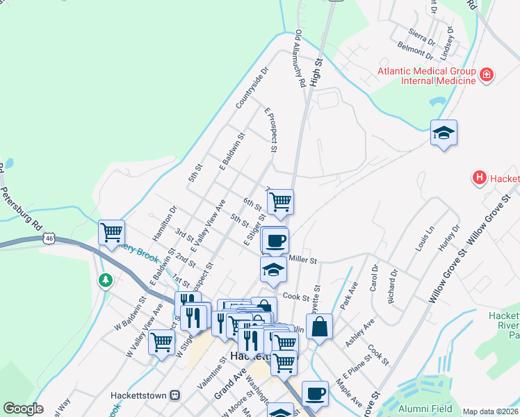 map of restaurants, bars, coffee shops, grocery stores, and more near 109 5th Street in Hackettstown