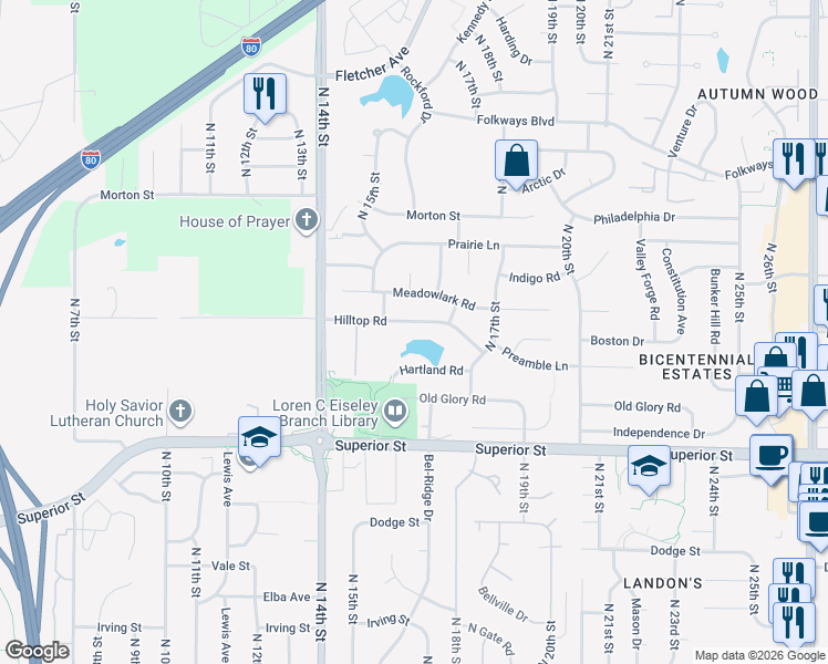 map of restaurants, bars, coffee shops, grocery stores, and more near 1544 Hartland Road in Lincoln