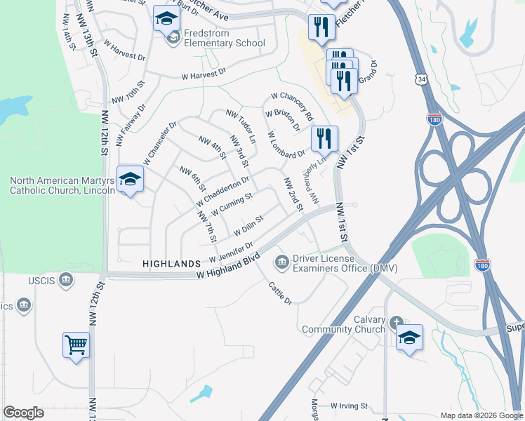 map of restaurants, bars, coffee shops, grocery stores, and more near 508 West Jennifer Drive in Lincoln
