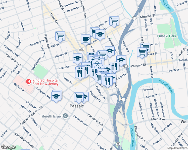 map of restaurants, bars, coffee shops, grocery stores, and more near 651 Main Avenue in Passaic