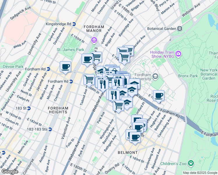 map of restaurants, bars, coffee shops, grocery stores, and more near 2492 Webster Avenue in The Bronx