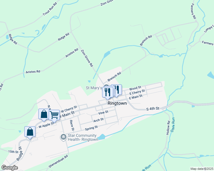 map of restaurants, bars, coffee shops, grocery stores, and more near 91 North Center Street in Ringtown
