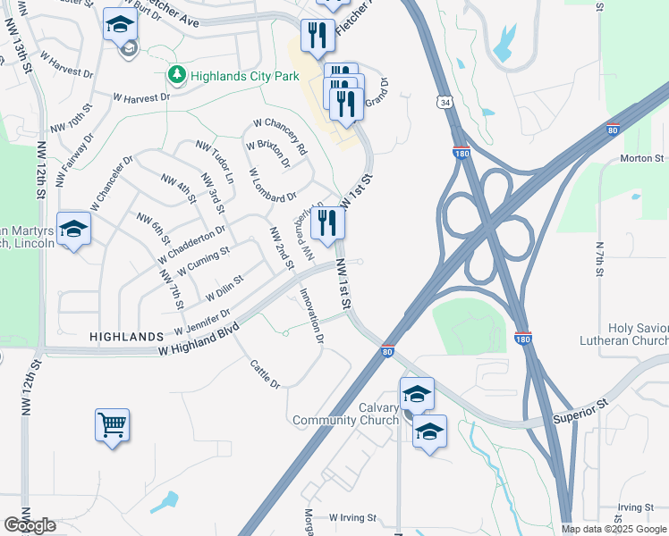 map of restaurants, bars, coffee shops, grocery stores, and more near 101 West Highland Boulevard in Lincoln
