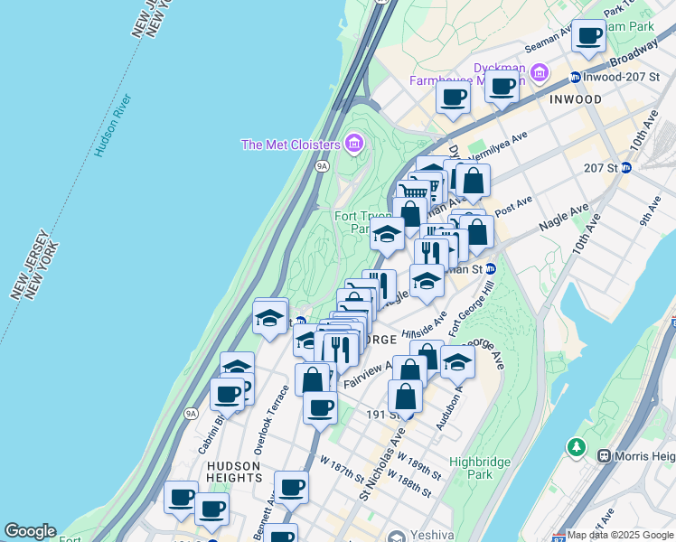 map of restaurants, bars, coffee shops, grocery stores, and more near 6672 Margaret Corbin Drive in New York
