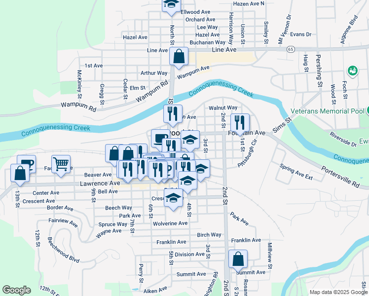 map of restaurants, bars, coffee shops, grocery stores, and more near 212 4th Street in Ellwood City