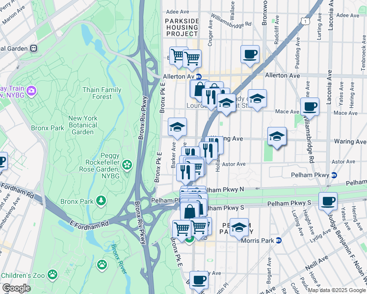 map of restaurants, bars, coffee shops, grocery stores, and more near 670 Waring Avenue in Bronx