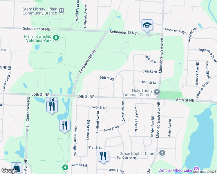 map of restaurants, bars, coffee shops, grocery stores, and more near 2205 55th Street Northeast in Canton