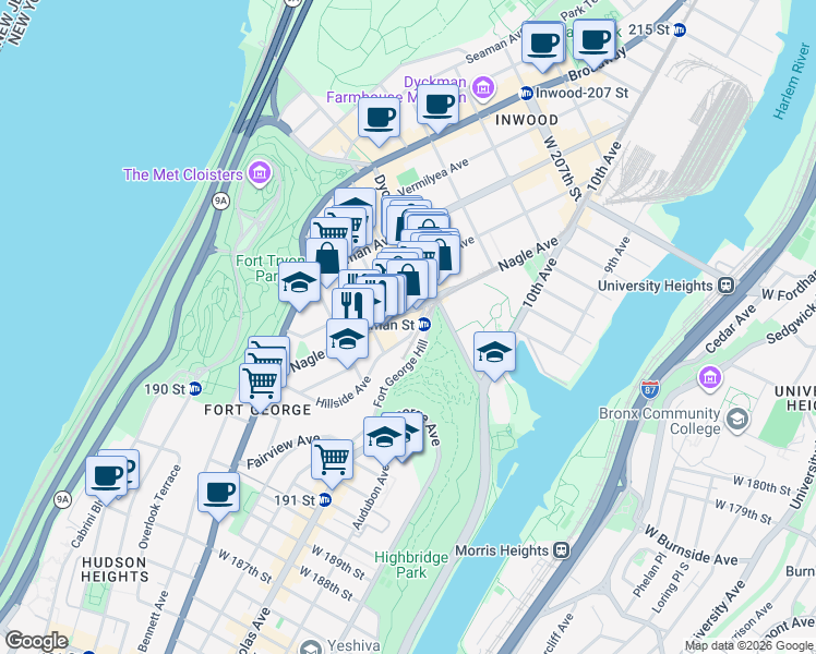 map of restaurants, bars, coffee shops, grocery stores, and more near 13 Hillside Avenue in New York