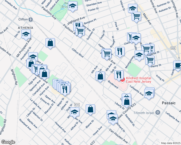 map of restaurants, bars, coffee shops, grocery stores, and more near 1 Clifton Blvd in Clifton