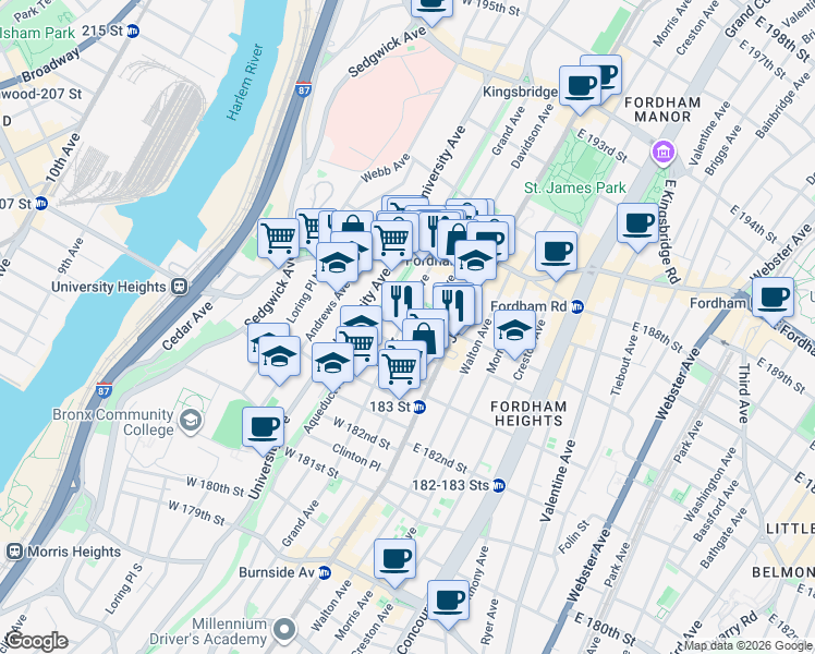 map of restaurants, bars, coffee shops, grocery stores, and more near 141 West 184th Street in Bronx