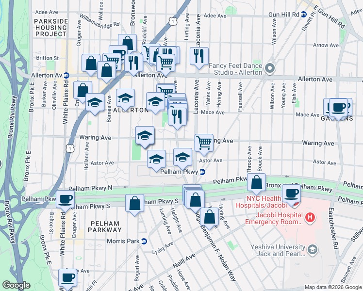 map of restaurants, bars, coffee shops, grocery stores, and more near 1061 Waring Avenue in Bronx