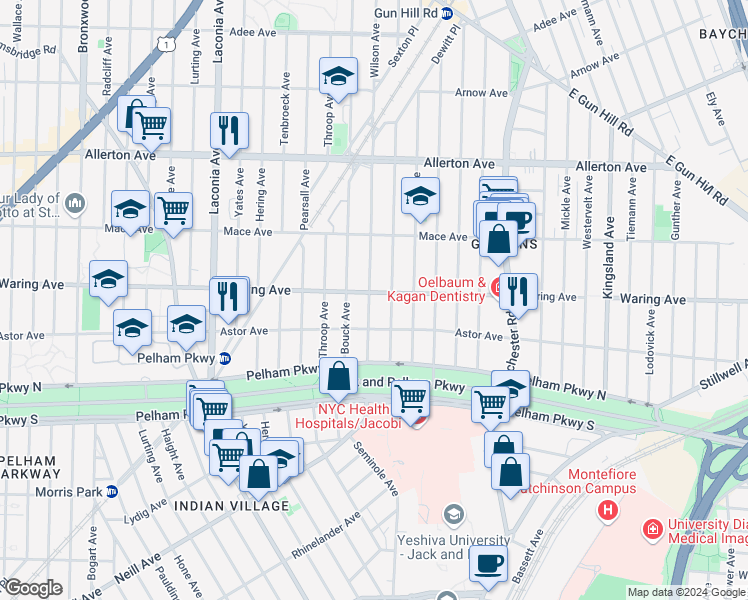 map of restaurants, bars, coffee shops, grocery stores, and more near 1302 Waring Avenue in The Bronx