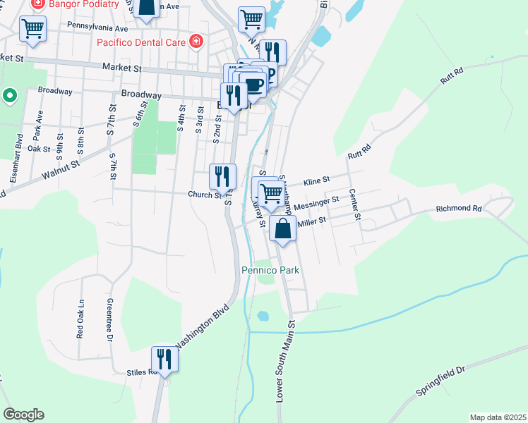 map of restaurants, bars, coffee shops, grocery stores, and more near 120 Murray Street in Bangor