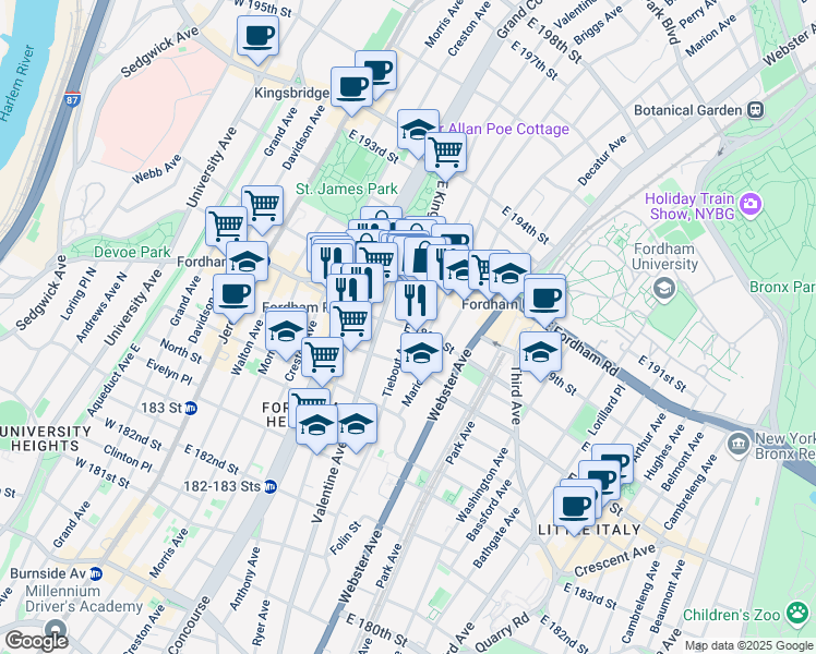 map of restaurants, bars, coffee shops, grocery stores, and more near E 188th St & Tiebout Ave in Bronx