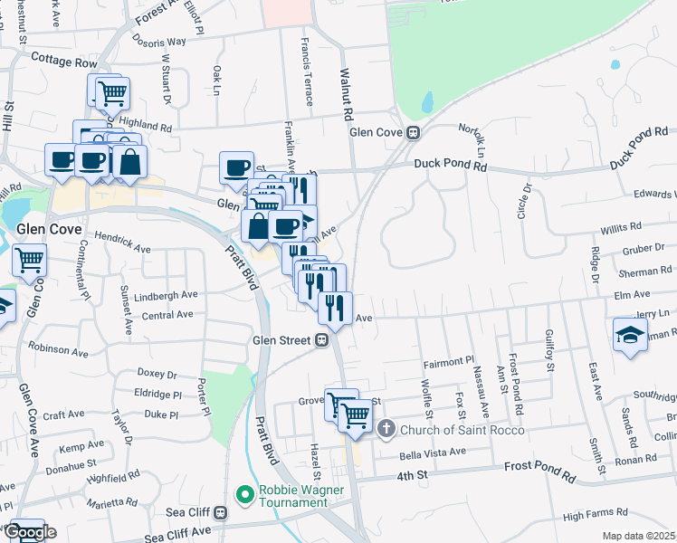 map of restaurants, bars, coffee shops, grocery stores, and more near 32 Pearsall Avenue in Glen Cove