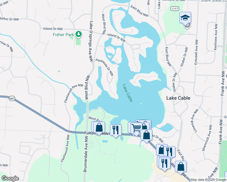 map of restaurants, bars, coffee shops, grocery stores, and more near 5322 Peninsula Drive Northwest in Canton