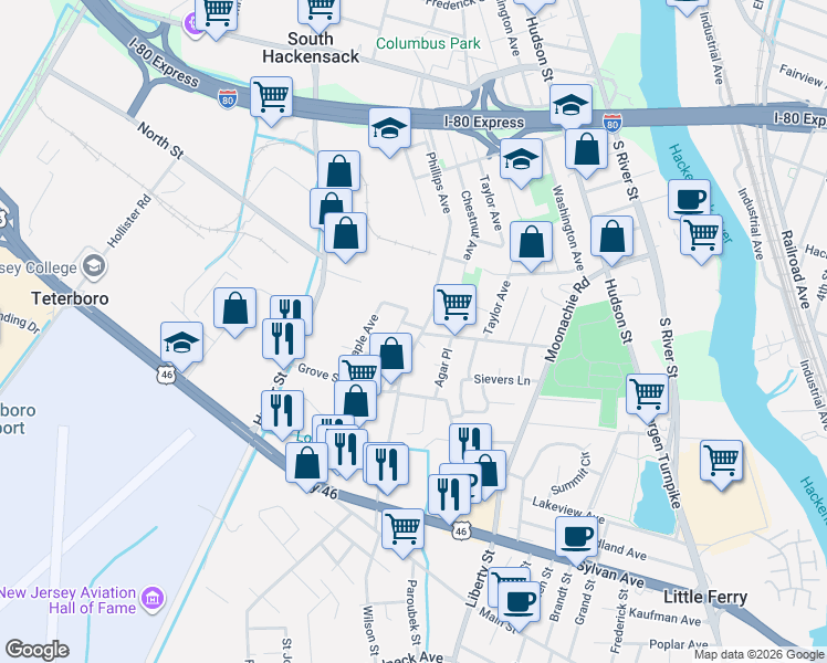 map of restaurants, bars, coffee shops, grocery stores, and more near 1 Veprek Lane in South Hackensack