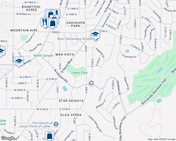 map of restaurants, bars, coffee shops, grocery stores, and more near 2586 South 450 East in Bountiful