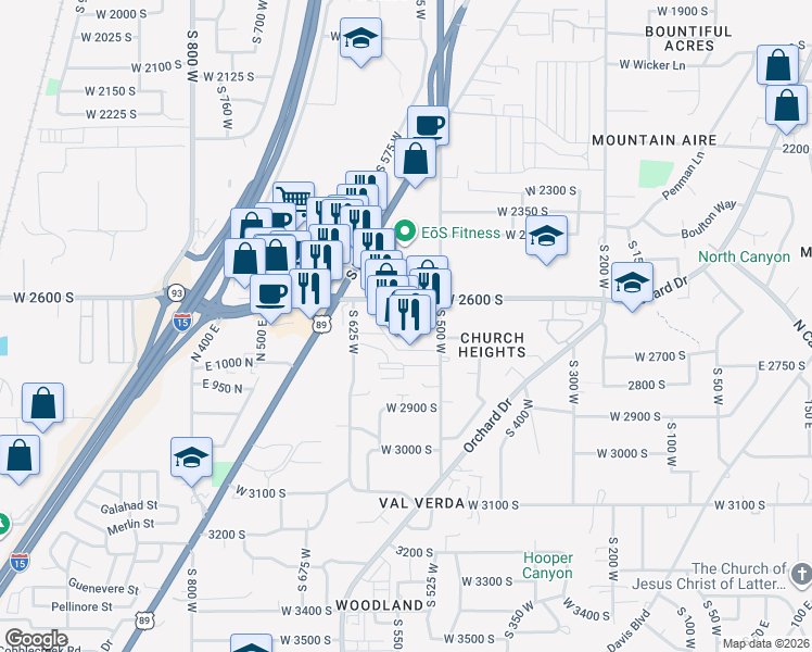 map of restaurants, bars, coffee shops, grocery stores, and more near 595 West 2600 South in Bountiful