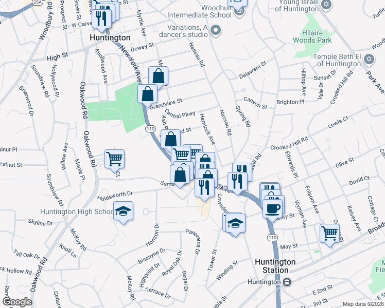 map of restaurants, bars, coffee shops, grocery stores, and more near 58 Bayberry Drive in Huntington