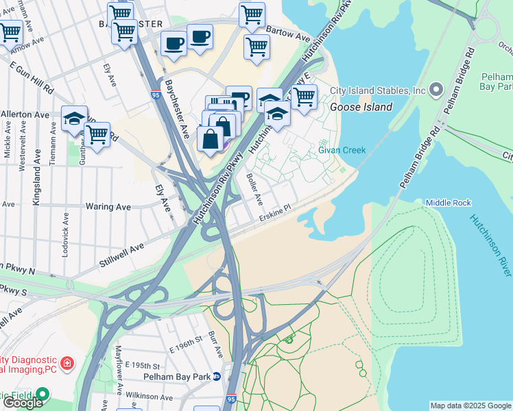 map of restaurants, bars, coffee shops, grocery stores, and more near 2305 Boller Avenue in Bronx