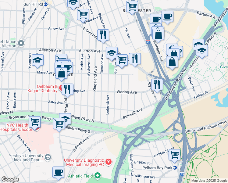 map of restaurants, bars, coffee shops, grocery stores, and more near 2424 Gunther Avenue in Bronx