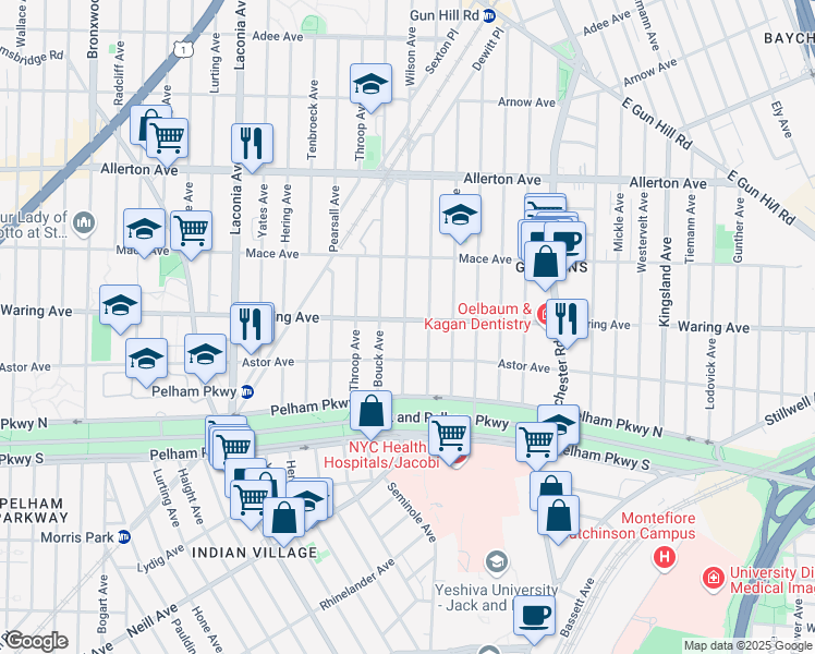 map of restaurants, bars, coffee shops, grocery stores, and more near 2411 Wilson Avenue in Bronx