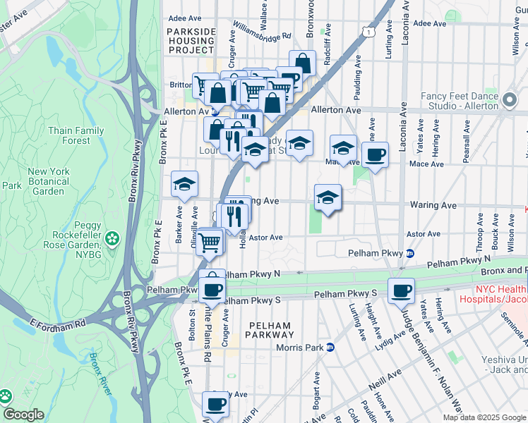map of restaurants, bars, coffee shops, grocery stores, and more near 2400 Wallace Avenue in Bronx