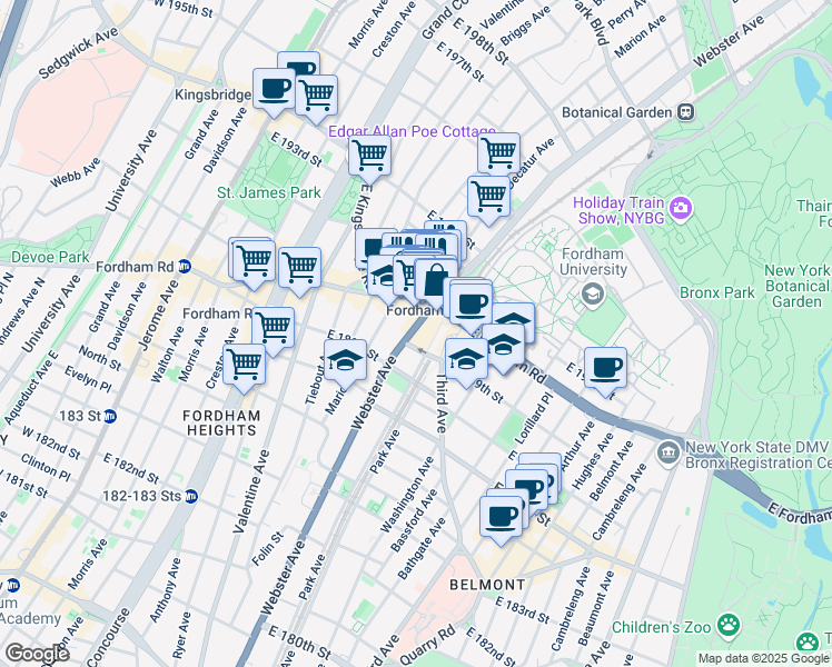 map of restaurants, bars, coffee shops, grocery stores, and more near 2521 Webster Avenue in The Bronx