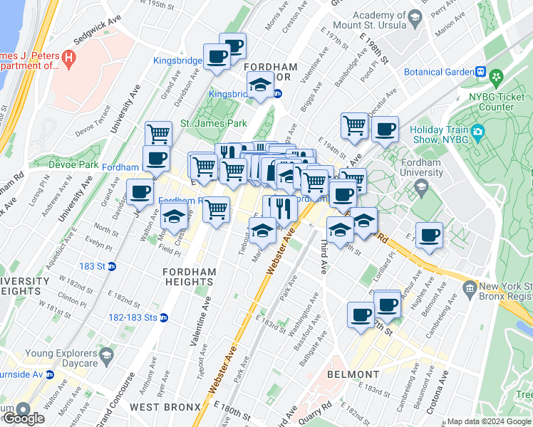 map of restaurants, bars, coffee shops, grocery stores, and more near 321 East Fordham Road in The Bronx