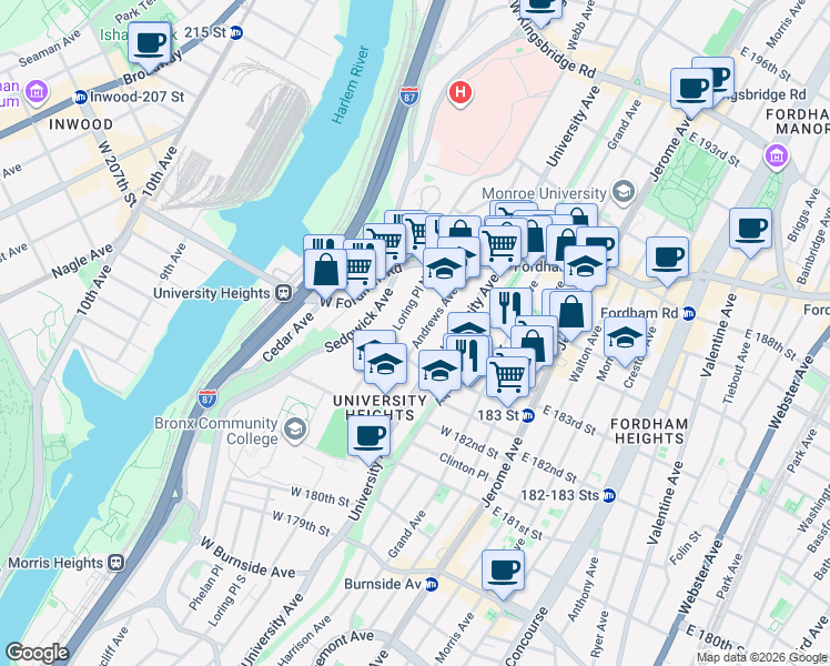 map of restaurants, bars, coffee shops, grocery stores, and more near 2300 Loring Place North in Bronx