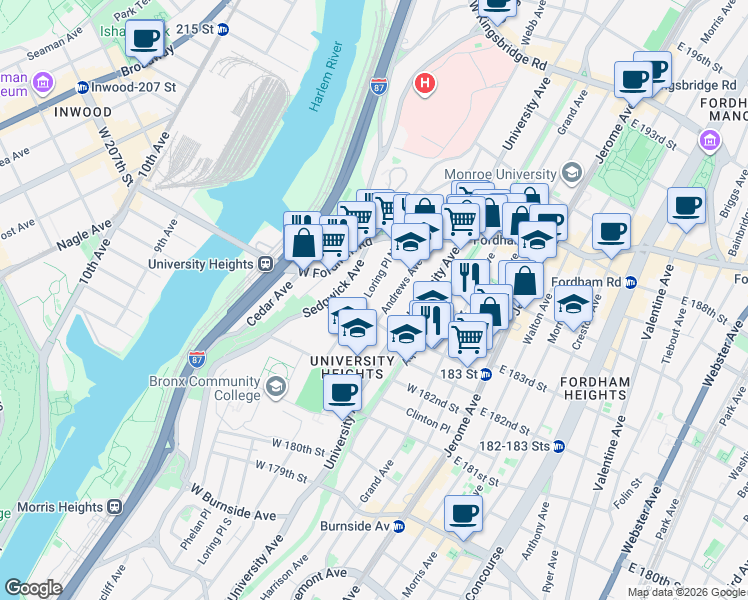 map of restaurants, bars, coffee shops, grocery stores, and more near 2300 Loring Place North in Bronx