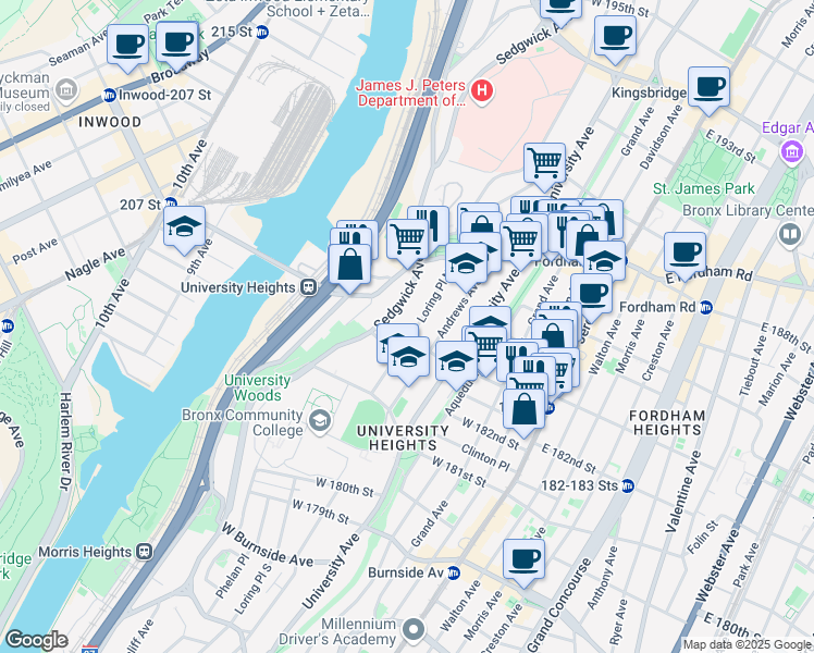 map of restaurants, bars, coffee shops, grocery stores, and more near 236 West Fordham Road in The Bronx