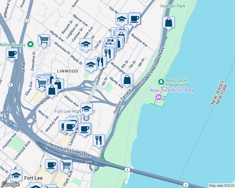 map of restaurants, bars, coffee shops, grocery stores, and more near 132 Myrtle Avenue in Fort Lee