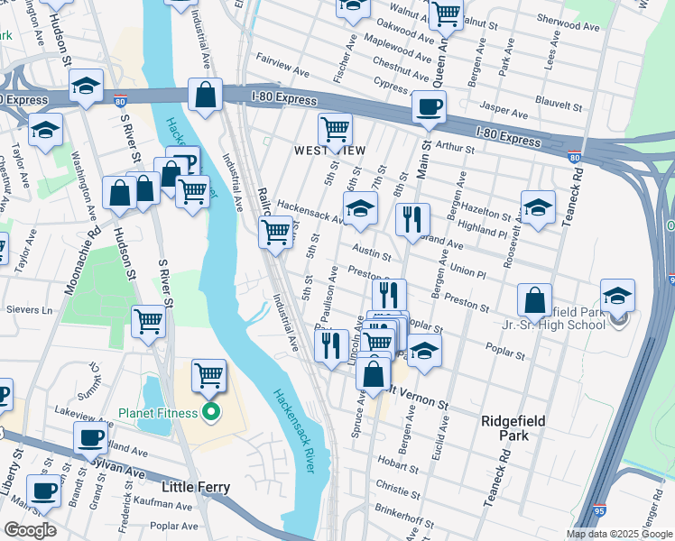 map of restaurants, bars, coffee shops, grocery stores, and more near 129 5th Street in Ridgefield Park