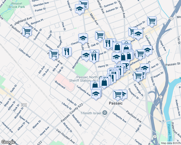 map of restaurants, bars, coffee shops, grocery stores, and more near 349 Madison Street in Passaic