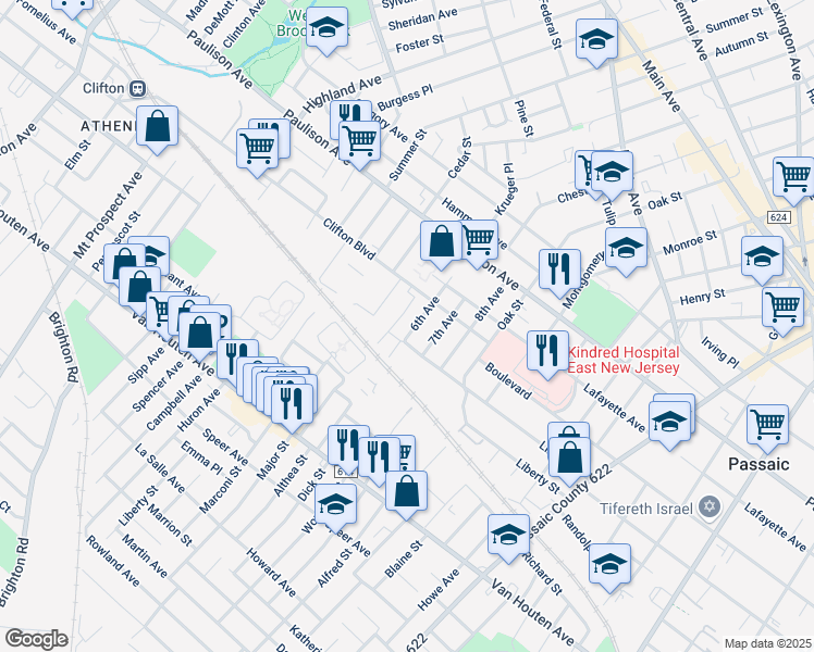 map of restaurants, bars, coffee shops, grocery stores, and more near 1 Clifton Blvd in Clifton