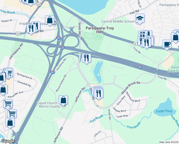 map of restaurants, bars, coffee shops, grocery stores, and more near 199 Smith Road in Parsippany-Troy Hills