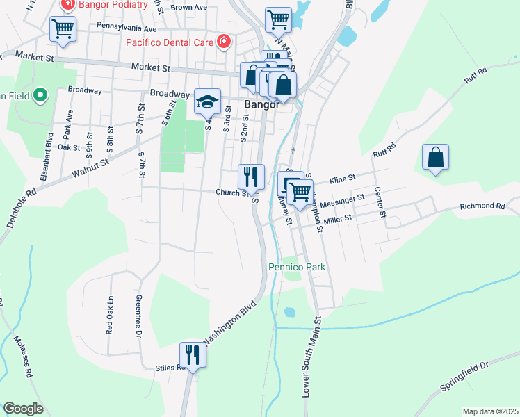 map of restaurants, bars, coffee shops, grocery stores, and more near 407 South 1st Street in Bangor