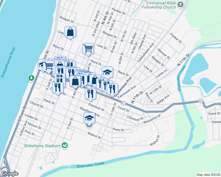 map of restaurants, bars, coffee shops, grocery stores, and more near 600 Arch Street in Sunbury
