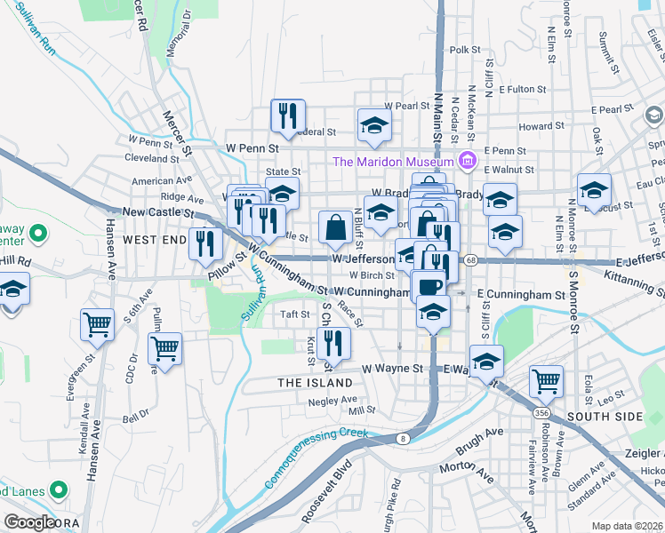 map of restaurants, bars, coffee shops, grocery stores, and more near 401 West New Castle Street in Butler