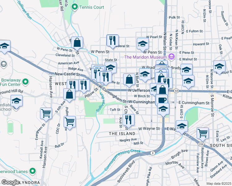 map of restaurants, bars, coffee shops, grocery stores, and more near 109 Broad Street in Butler